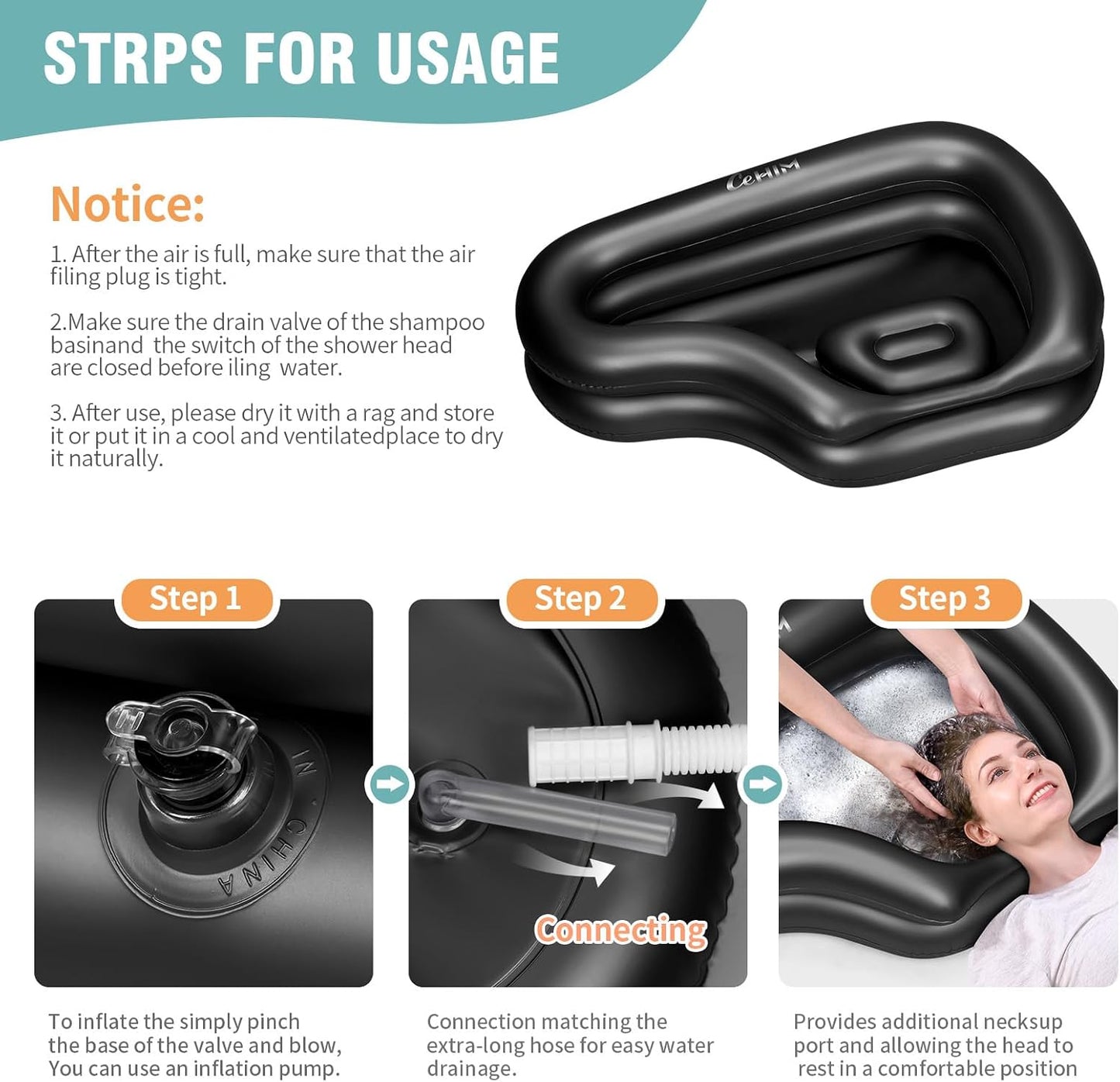Portable Inflatable Shampoo Basin for Bedridden and Kids - Hair Washing Tray for Sink at Home with Fast-Drain Slope, Neck Support and Drain Hose - Hospital PVC Hair Washing Station (Black, Large)