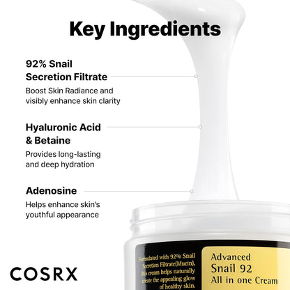 COSRX Snail Mucin 92% Face Moisturizer, 3.52 Oz, Lightweight Moisturing Cream for Soft, Glowy Skin, Korean Skin Care, Korean Moisturizer Face Cream