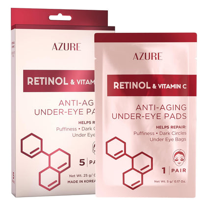 AZURE Retinol & Vitamin C Anti Aging Under Eye Pads - Hydrating & Refreshing Eye Mask Patches - Reduces Fine Lines, Wrinkles, Dark Circles & Puffiness - Skin Care Made in Korea - 5 Pairs