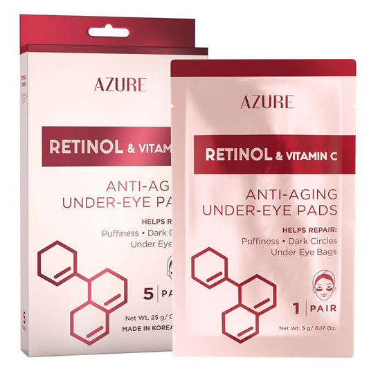 AZURE Retinol & Vitamin C Anti Aging Under Eye Pads - Hydrating & Refreshing Eye Mask Patches - Reduces Fine Lines, Wrinkles, Dark Circles & Puffiness - Skin Care Made in Korea - 5 Pairs