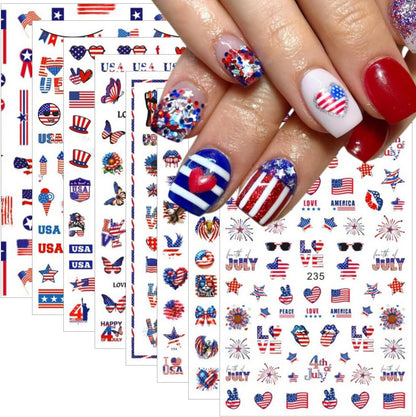 8 Sheets 4th of July Nail Art Stickers Independence Day Decals 3D Self-Adhesive Nail Design USA Flag Heart Letters Fireworks Star Nail Supplies Fireworks 4th of July Nails Stickers for Women Girls DIY