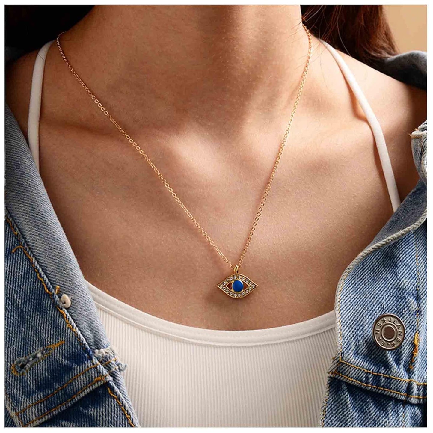 Vintage Rhinestone Evil Eye Pendant Necklace Gold Lucky Eye Choker Necklace Turquoise Eye Chain Necklace Cz Paved Talisman Necklace Protection Chain Jewelry for Women and Girls