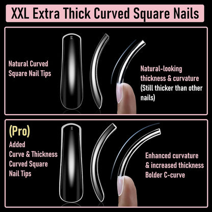 Curved Nail Tips Square Press on Full Cover Thicker Extra Curve Gel x Thick Long Acrylic Fake Nails, Clear Hard Gel French XXL False Nails for Nail Extension 12 Sizes 240 Pcs Q54 Pro