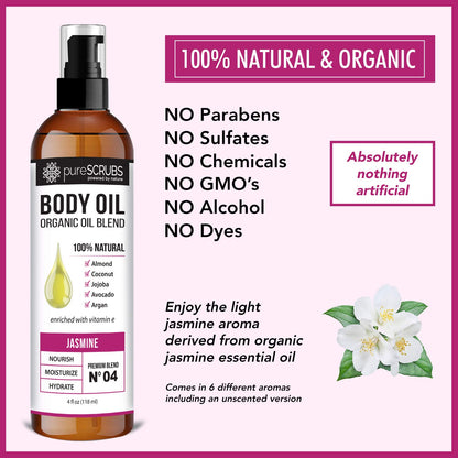 pureSCRUBS Ultra Moisturizing Jasmine Body Oil Spray for Dry Skin, Massage, Cuticles & More - Organic Super Blend of Jojoba, Argan, Coconut, Sweet Almond & Avocado Enriched with Vitamin E, Lg 4oz