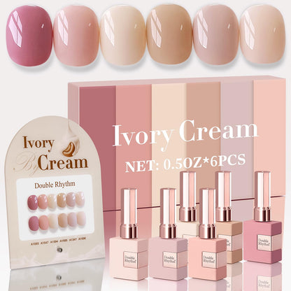 Double Rhythm 6 Pcs 15 ML Gel Polish Set Same Color Same Bottle Soak Off Gel Polish Kit Nail Art Manicure Salon DIY at Home for Women (Light Dark Nude Beige Cream Pink-T6-18)