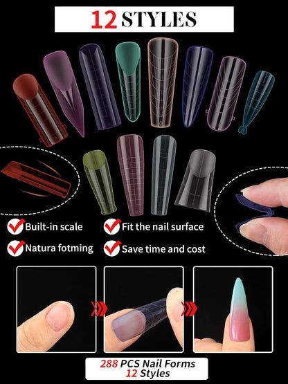 Dual Forms for Poly Nail Gel, 288PCS 12 Colors Dual Nail Forms Extension Molds Stiletto Coffin Square Acrylic Nail Tips 12 Shapes for Builder Gel Manicure Nail Art Design Salon DIY at Home