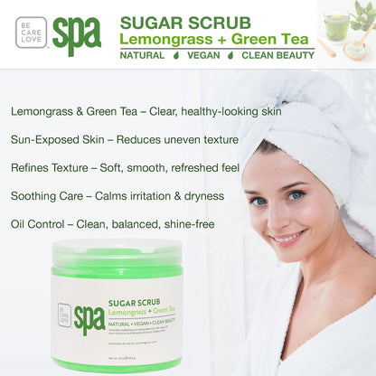 Be Care Love Spa Sugar Scrub Lemongrass + Green Tea to moisturize, detoxify and purify skin for acne-prone, oily, or damaged skin.16 oz