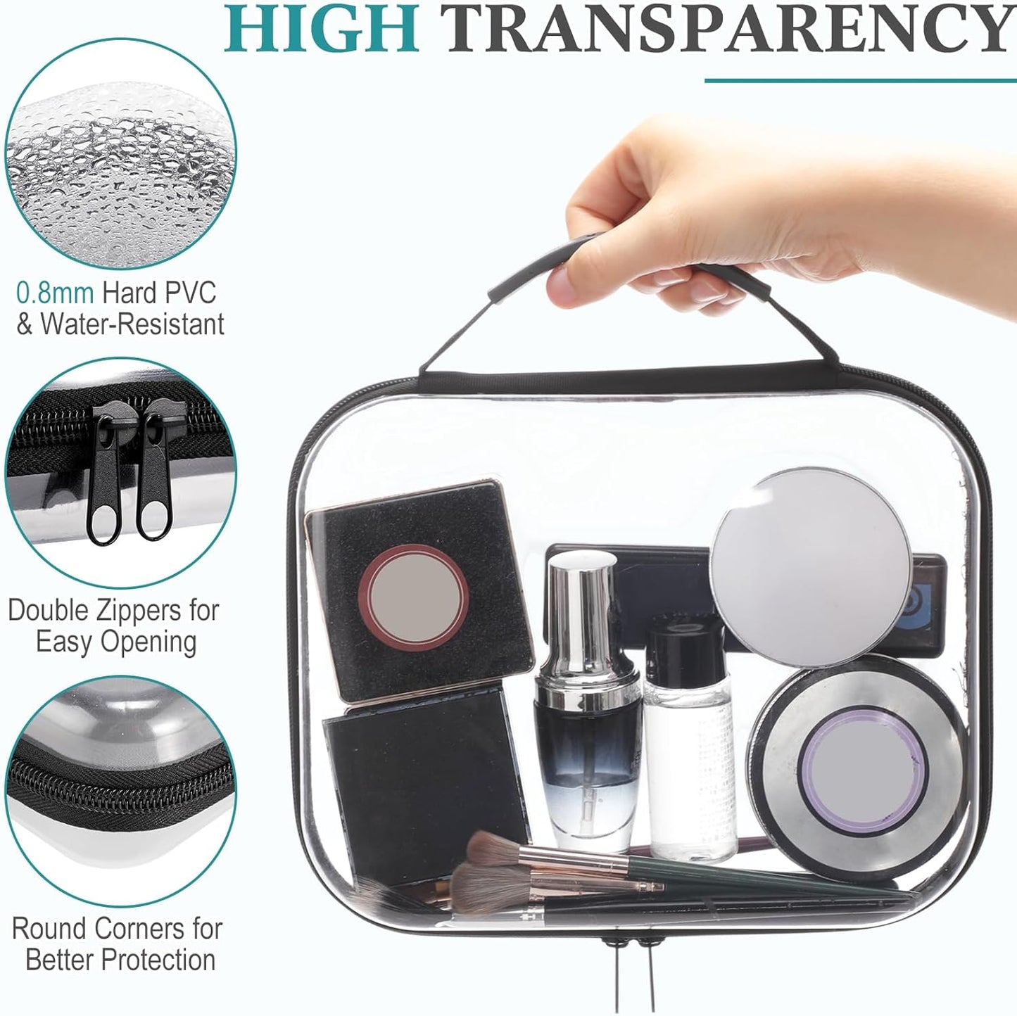 Sanwuta 4 Pcs Clear Hard Zipper Case with Handle Office Storage Cases Hard Plastic Pouches Transparent Bins for Crafts, Pencils, Snacks, Cosmetics, Puzzles(9.8 x 7.9 x 2 Inches,Black)