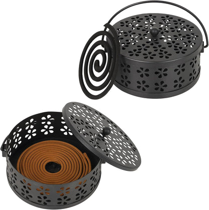 Portable Iron Mosquito Coil Holder with Handle Round Heat-Resistant Incense Holder (2 Pack Black)