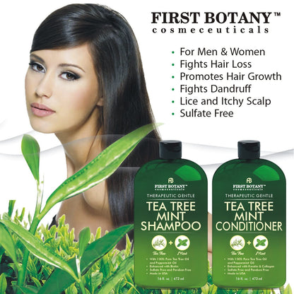 First Botany Tea Tree Mint Shampoo & Conditioner for Men & Women - Pure Tea Tree & Peppermint Oil - Fights Hair Loss, Dandruff, Lice & Itchy Scalp, Promotes Hair Growth - Sulfate Free - 16 Fl Oz x 2