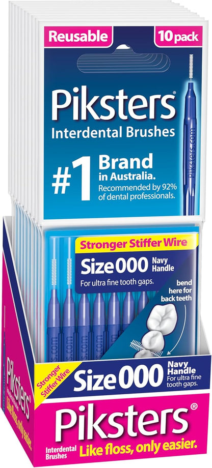 Piksters Interdental Brushes, Size 000, 100 Count (10 x 10 Packs), Interdental Tooth Brush for Extremely Tight and Fine Gaps, Gum Soft Bristles for Plaque Removal, Safe for Braces (100pk)