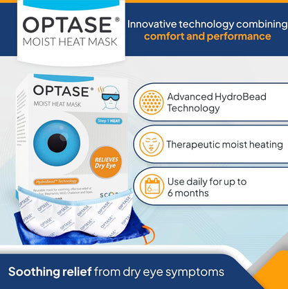 Optase Moist Heat Eye Mask for Dry Eyes - Dry Eye Mask with HydroBead Technology - Washable, Microwaveable Eye Compress for Dry Eyes - Dry Eye Therapy Mask Holds Heat for 10 Minutes - Step 1 Heat