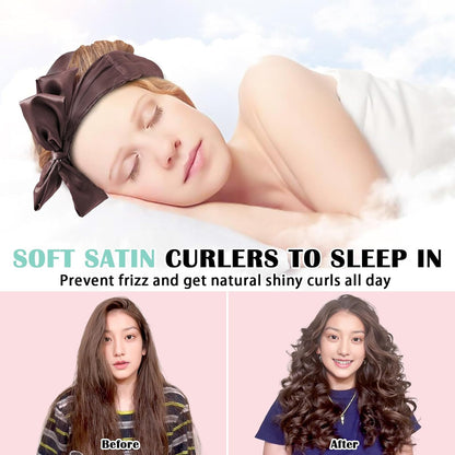 Satin Heatless Curls Overnight Hair Curlers to Sleep In Hair Curler Rollers No Heat Hair Wrap for Curls Headband, 70" Satin Heatless Curling Rod Set for Women Long Waves Hair Volume -Brown 9PCS