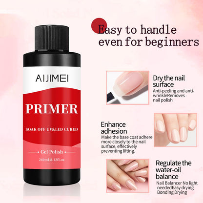 AIJIMEI 240ml Rapid-Dry Nail Primer, Nail Primer for Stronger Nails Enhances Adhesion & Shine Primer for Nail, Sensitive Skin Nail Care Compatible with All Polishes Nail Art 8 Fl Oz