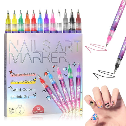 12 Colors Nail Art Pens Set, 3D Quick-Dry 0.5MM Nail Polish Pens, 2025 DIY Nail Art Marker Graffiti Dotting Pen for Nails Art Design Manicure Nail DIY Decoration