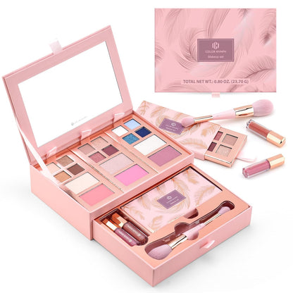 Color Nymph Small Makeup Palette Set for Face | Cosmetics Gift Set for Women & Girls | 12 Colors Eyeshadow, Blush, Highlighter, Contour Powder, Lip Gloss & Brush Kit | Travel-Friendly (Pink)