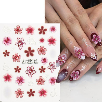 Blue Flowers Stickers for Nails 5D Embossed Flower Nail Stickers Lily Hibiscus Cherry Blossom Rose Floral Nail Decals Self Adhesive Nail Wraps Spring Summer Nails Pegatinas para Uñas 5 Sheet