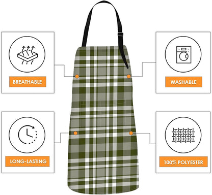 2 Pack Aprons, Plaid Check Grid Adjustable Bib Aprons with 2 Pockets for Women Men Couple Lovers Chef Home Kitchen Cooking Baking Gardening Dark Brown Green Apron 32x28 Inches