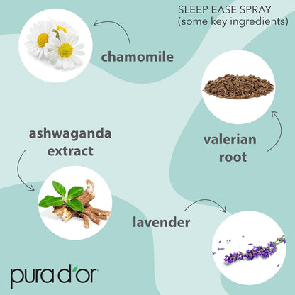PURA D'OR 3.38 Oz Sleep Ease Spray – Relaxing Mist with Botanical Extracts – Infused with Melatonin, Magnesium & GABA – Supports Tranquility & Relaxation