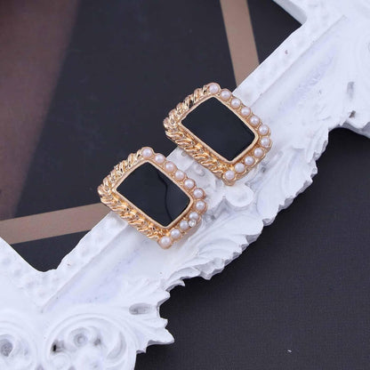 Vintage Black Square Earrings Onyx Square Stud Earrings Black Enamel Square Earrings Tiny Pearl Square Stud Earrings Jewelry for Women