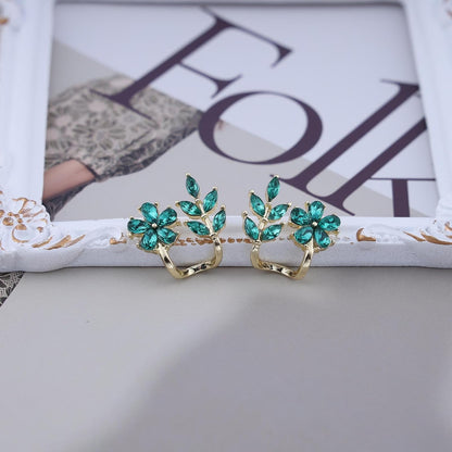 Vintage Emerald Flower Ear Cuff Earrings Green Crystal Flower Earrings Crystal Leaf Stud Earrings Emerald Leaf Earrings Jewelry for Women