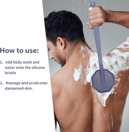iTokGoK® Silver-Infused Silicone Back Scrubber with Long Handle Back Brush for Shower,Back Brush Long Handle for Men and Women,Ergonomic No-Slip Handle, Long-Lasting (Lavender)
