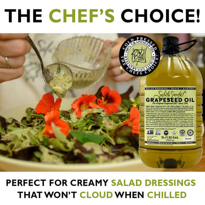 Cold Pressed Grapeseed Oil by Salute Sante! High Temperature Cooking, Healthy Grape Seed Oil, Non-GMO and Kosher for Salad Dressings, Marinades and Dips, Vegan, 5 Liter, 3 Pack