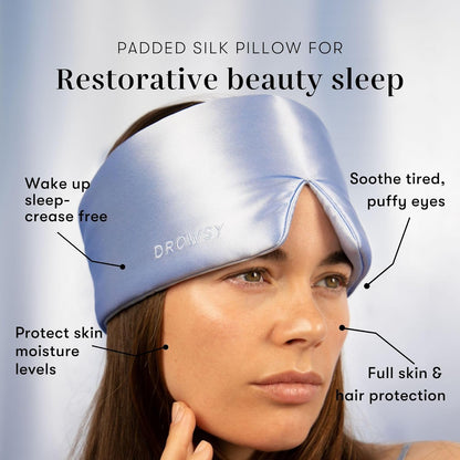 DROWSY Silk Sleep Mask - Face-Hugging, Padded Cocoon for Luxury Sleep in Total Darkness - 100% Pure Mulberry Silk (Blue Belle)