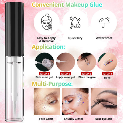 1.5-6mm Round Flatback Face Gems Kit (Clear) for Makeup with Quick Dry Glue + Brush + Tweezer, Nail Art Rhinestones Transparent White Glass Crystal Beads for Make-up Deco