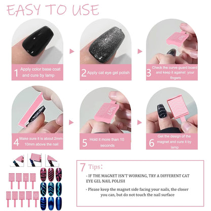 13pcs Pink Cateye Magnet for Nails Double-Ended Hexagon Nail Magnet Stick Flower Cat Eye Magnetic Pen 9 Stripe Nail Magnet Plates for Cat Eye Gel Nail Polish
