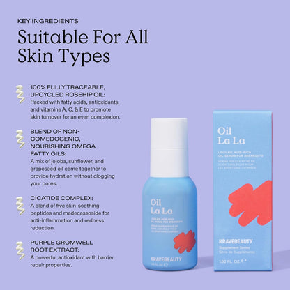 KraveBeauty Jumbo Oil La La, Linoleic Acid-Rich Oil Serum For Breakouts & Clogged Pores, Contains Non-Comedogenic Oils, Improves Dark Spots & Scars, Vegan & Cruelty Free, 3.38 fl oz