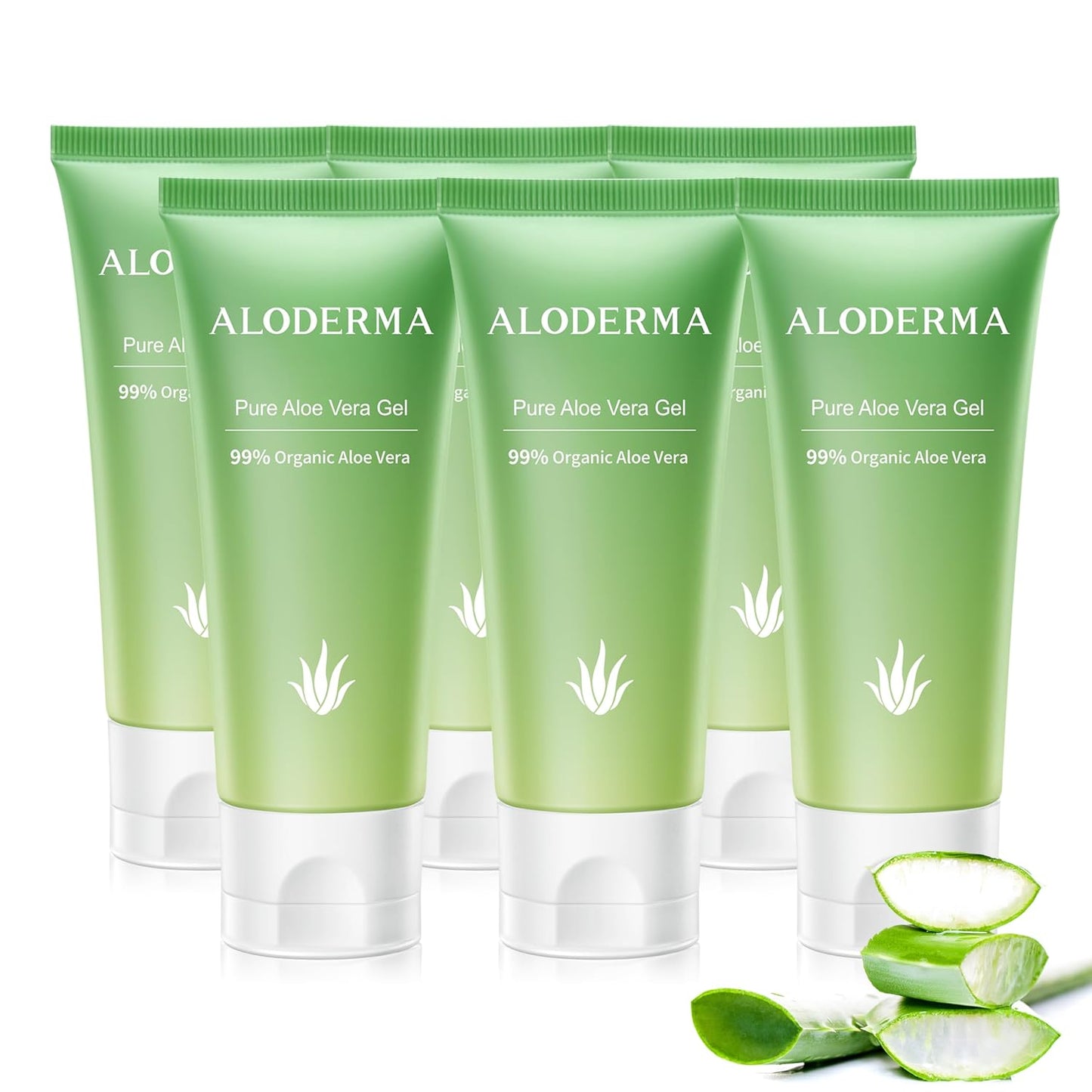 Aloderma 99% Organic Aloe Vera Gel Made within 12 Hours of Harvest, Easy Travel Size Tube for Body, Face, & Scalp, Cooling & Soothing Support for Skin & Sunburn, Hydrating Aloe Gel, 1.5oz - 6ct