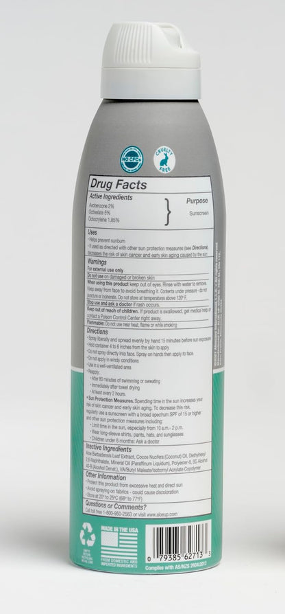 Aloe Up Sport Continuous Spray Sunscreen SPF 15 - Broad Spectrum UVA/UVB Sunscreen Protector for Face and Body - With Aloe Vera Gel - Fast Absorbing Sheer Formula - Reef Safe - Fragrance-Free - 6 Oz