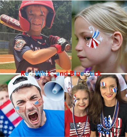 Go Ho 3 Colors Red White and Blue Face Paint Stick-Waterproof Eye Black Face Body Paint Professional Halloween SFX Queen of Hearts,Sally Makeup,Safe Facepaint Nose&Lip Smacking Sticks