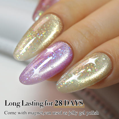 Double Rhythm 0.5 OZ Cat Eye Gel Polish with Magnet 15ML Holographic Glitter Shimmer Translucent Jelly Color Magnetic Gel Polish Salon DIY at Home (Rainbow Purple-MC1011)