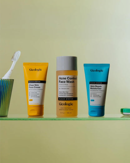Geologie Clear Skin Face Routine | 3-Piece Kit Includes Exfoliating Cleanser, Repairing PM Moisturizer, Oil Free AM Moisturizer | Daily Routine for Clear, Healthy Skin | Lasts 3 Months