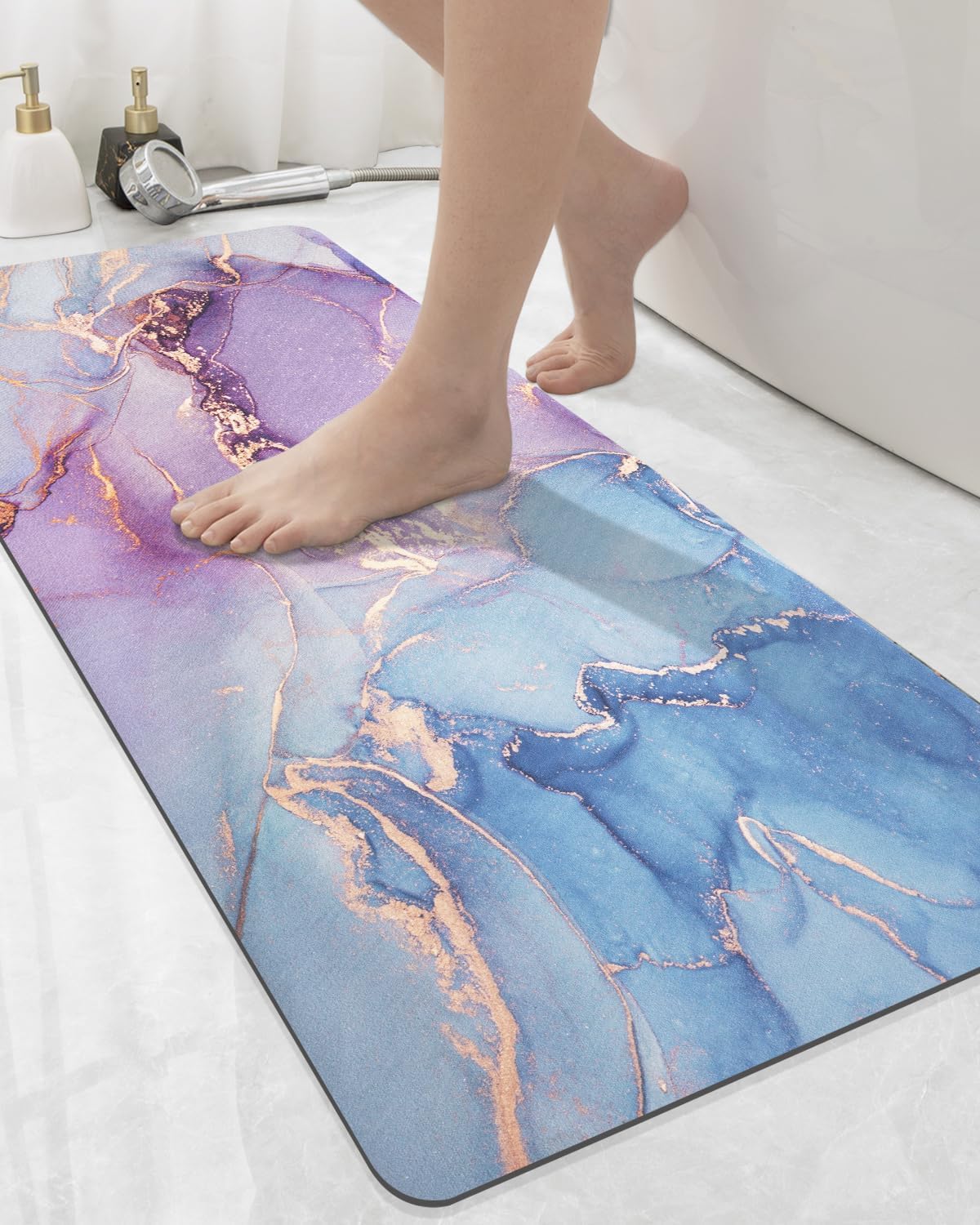 DEXI Bathroom Mat Ultra Thin, Non Slip Bath Rug for Shower Floor, Absorbent Quick Dry Marble Bathmats Low Profile, 17x43, Blue and Purple