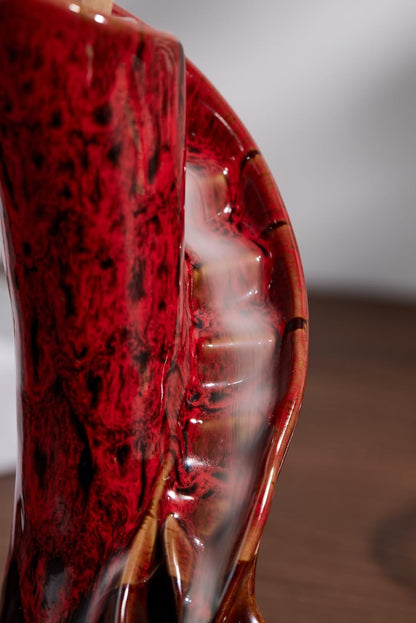 Unique Cloud Stairs Ceramic Waterfall Incense Holder, Paired with a Pack of Backflow Incense Cones. (Fambe Red)