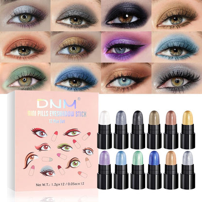 evpct 12Pcs Capsule Cream Eye Shadow Brightener Sticks Set for Eyes, Pearl White Smokey Black Gray Khaki Royal Blue Violet Purple Silver Shimmer Matte Pencil Eye shadow Applicator Stick Palette Makeup