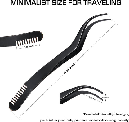 2 in 1 Lash Extension Tweezers with Comb, Stainless Steel Elbow Eyelash Extension Tweezers, Eyelash Tweezers for Lash Extensions, Precise Eyebrow Tweezers Tool for DIY False Eyelashes Clusters, Black