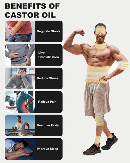 10 Pcs Castor Oil Pack Wrap, Plus Size Castor Oil Pack for Men Women, XL Reusable Castor Oil Wrap Kit for Eyes Neck Stomach Waist Knees Legs Feet, Flannel Cotton, Anti Oil Leak, Machine Washable