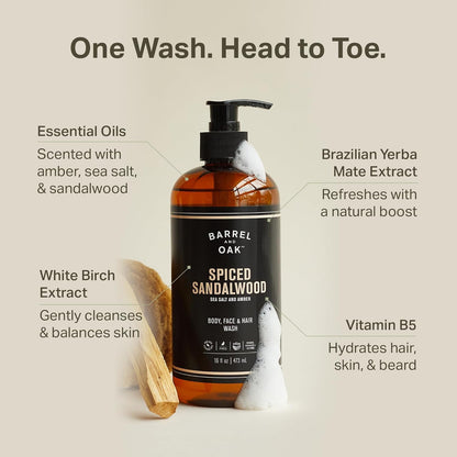 Barrel and Oak - All-In-One Body Wash, Men's Face, Hair, & Body Wash, Natural Exfoliator & Moisturizer, Hydrates Hair & Beard, Fragrant Amber Scent, Certified Organic (Spiced Sandalwood, 16oz)