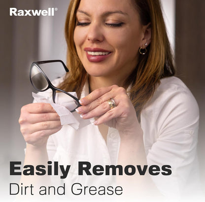 Raxwell Glasses Cleaner Wipes - 200 Count, White, Unscented - Streak-Free Anti-Fog Lens Cleaner & Screen Wipes for All Eyewear & Devices - Portable Individually Wrapped Sachets