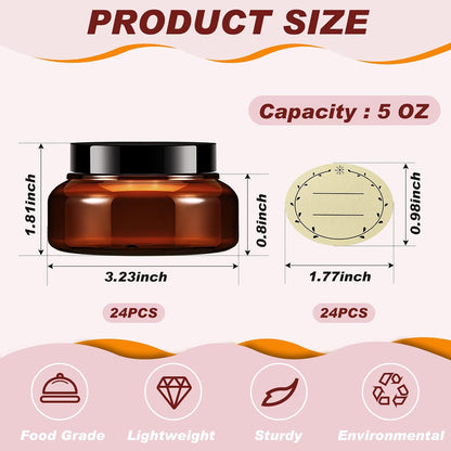 Tessco 24 Pack Plastic Jars with Lids Labels Empty Clear Plastic Jars Round Refillable Cosmetic Containers Body Butter Containers Bulk Sugar Scrub Bottle for Make Up(5 oz,Brown)