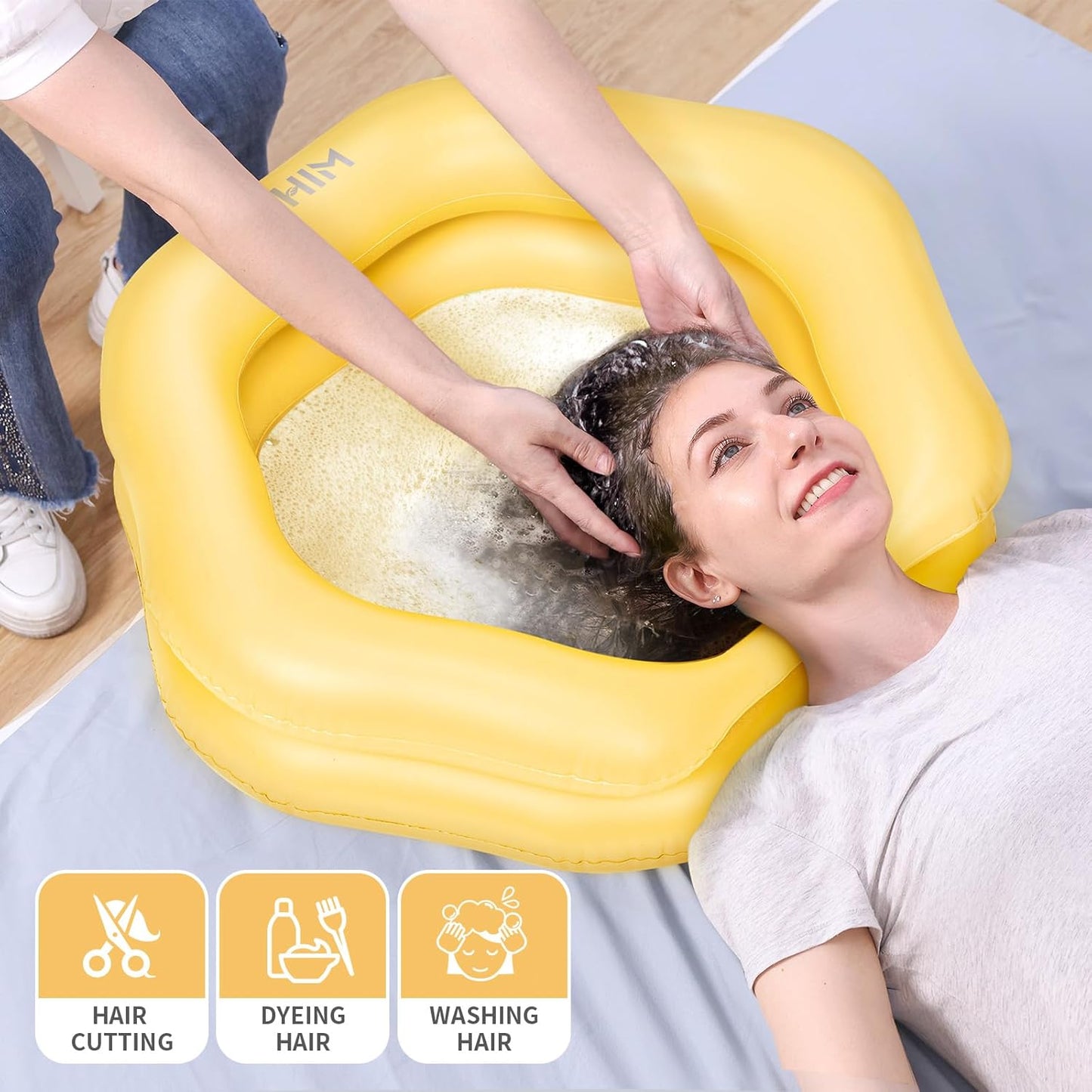 Inflatable Shampoo Basin for Bedridden, Elderly & Disabled - Petal-Shape Large Size, 360° Neck Support, Central Drain Hole with Pull Ring | Leak-Proof PVC Portable Hair Washing Bowl (Yellow)