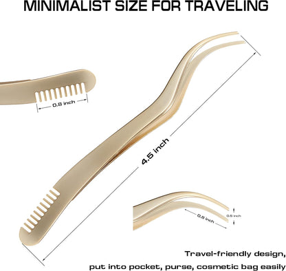 2 in 1 Lash Tweezer with Comb, Eyelash Extension, Stainless Steel Elbow Tweezers, Precise Eyebrow Tweezers Tool, Lashes Tweezer Applicator for DIY Applying False Eyelashes Clusters, Gold