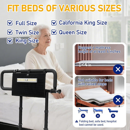 Foldable Bed Rails for Elderly Adults - 300 lbs Weight Capacity, 5-Level Height & 3-Level Arm Adjustment, Portable Bed Assist Rail with Night Light & Storage Bag, No-Drill Installation