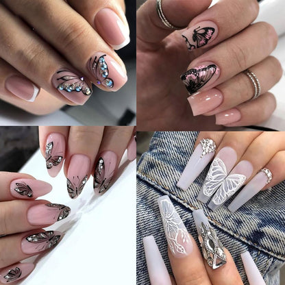 8 Sheets Holographic Butterfly Nail Art Stickers - 3D Self-Adhesive Designer Decals for Nail Art Charms - Blue White Glitter Nail Design for Women Nail Decor