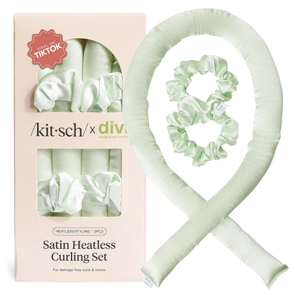 Divi x Kitsch Satin Heatless Hair Curler Set - Heatless Curls Overnight, Hair Rollers for Soft Curls & Frizz-Free Styling, No Heat Curlers To Sleep in, Curling Rod Headband for Overnight Curl- Sage