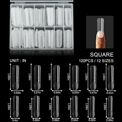 120 Pcs Dual Nail Forms,Matte Square & C-Curved Extension Poly Nail Gel Nail Molds 12 Sizes for Gel Glue, Full Cover Nail Art Design Salon & DIY